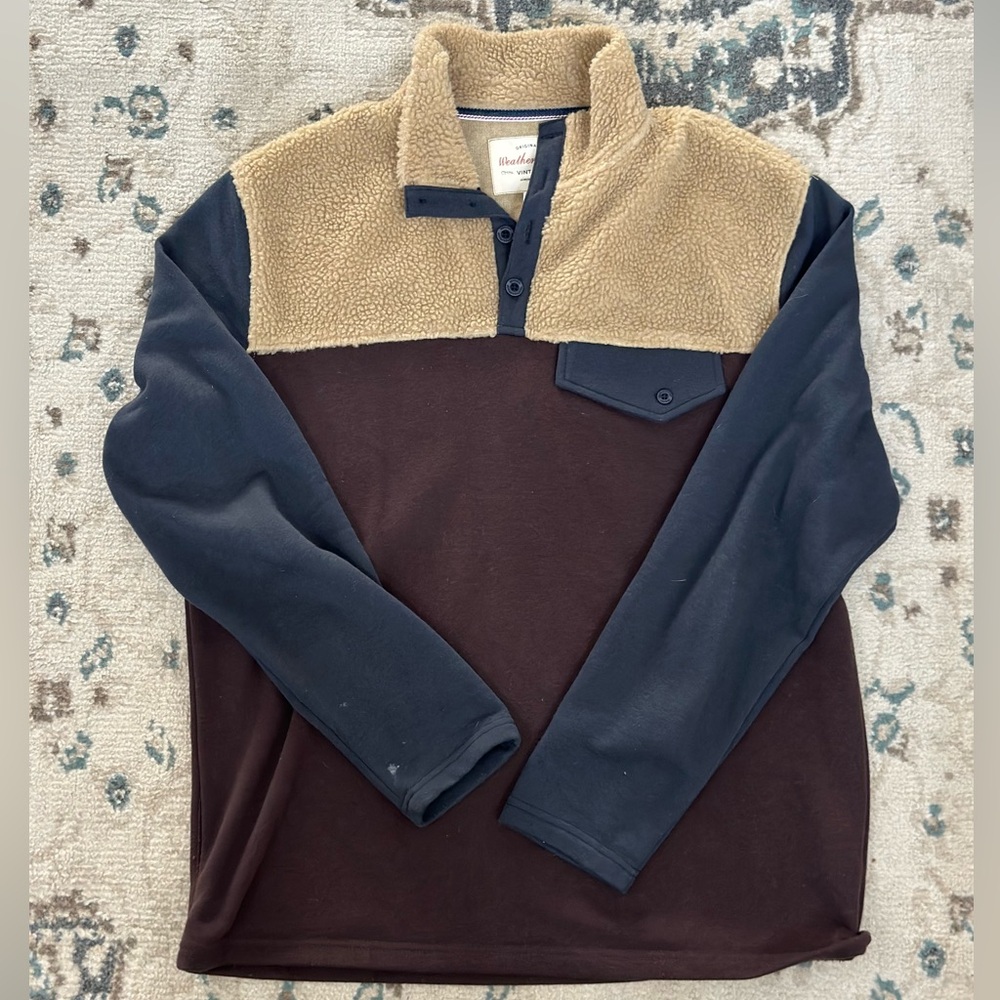 Tan and brown vintage Sherpa fleece quarter zip pullover